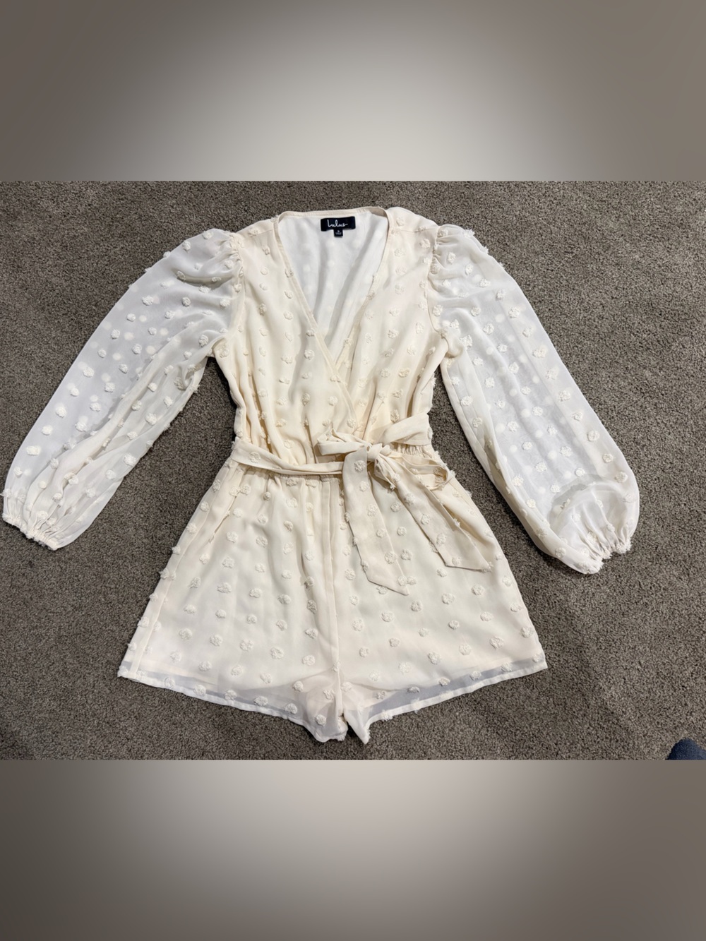 Lulu's Cream Swiss Dot Wrap Romper with Puff Sleeves